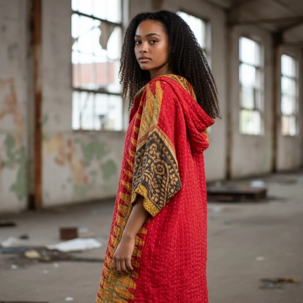 KANTHA Hooded Poncho ITEM 108 BOHO COMFY with pockets, handmade reversible OS - Picture 9 of 9